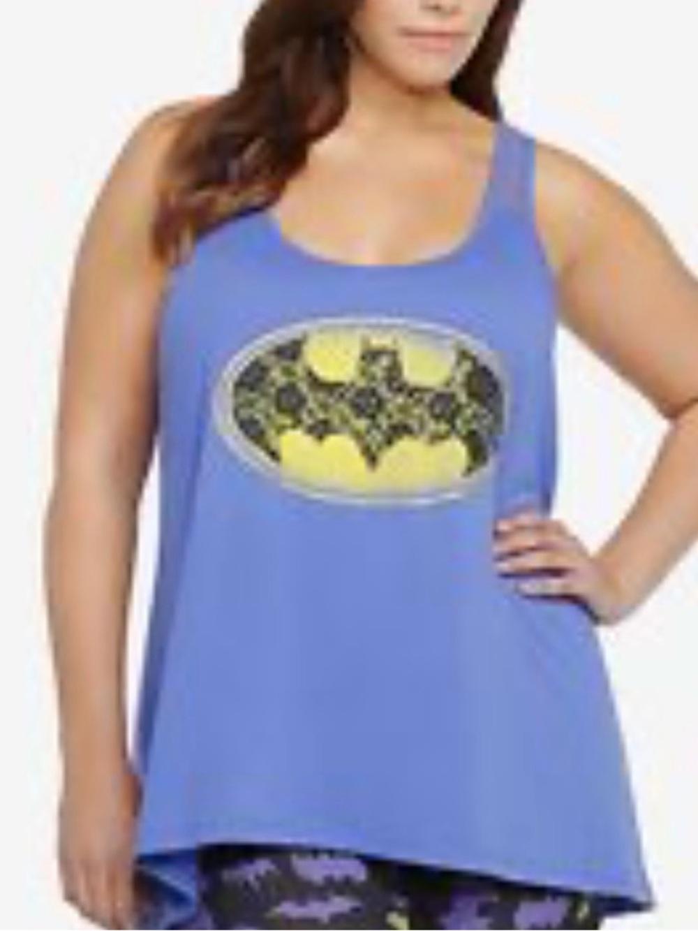 #818 TORRID 3 DC Batman Logo Tank Top Purple Blue And Lace Rhinestone Detail